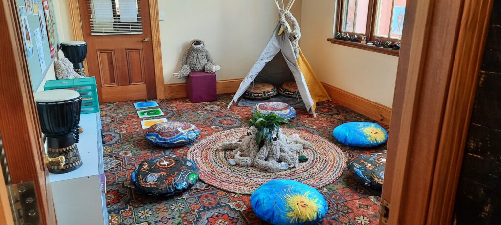 The calm wellbeing room at Clunes Primary School, with cushions, rugs and a small tent