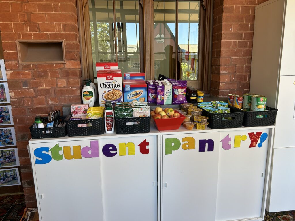 The student pantry at Clunes Primary School, stocked with food and toiletries